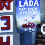 Winkelstraat met reclameborden, detail
