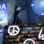 Winkelstraat met reclameborden, detail