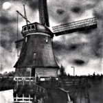 12. Mill by night - clouds experiment (sketch 03-12-2020) A4 HB